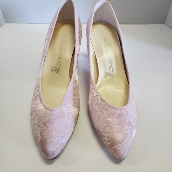 Vintage Coloriffics 8.5D Pink Lace Pump Heels Matching Clutch Purse Wedding - Picture 5 of 14